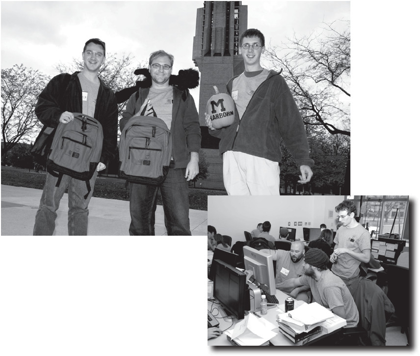 top: the team members of "Bits Don't Byte" pose at the contest site. bottom: the team members of "Water Who?" solve problems during the competition